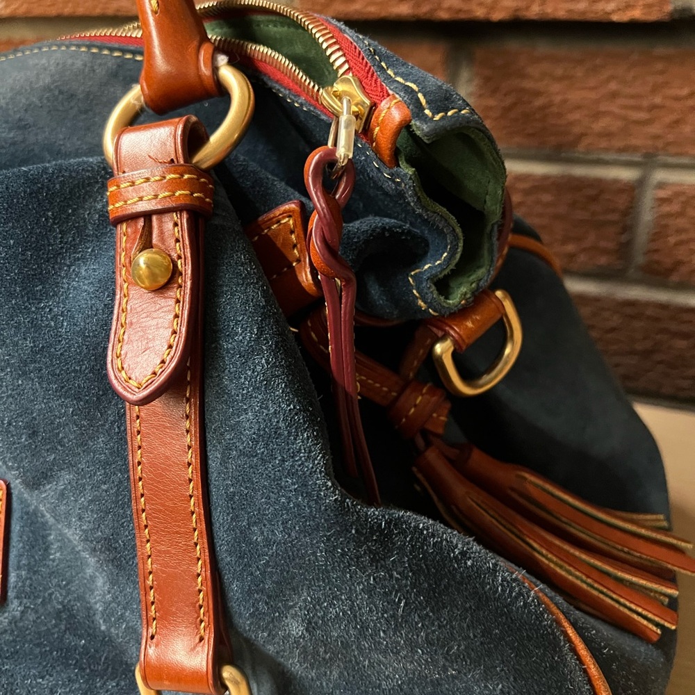 Dooney & Bourke Navy Suede Bag with Tan Leather - Picture 2 of 16